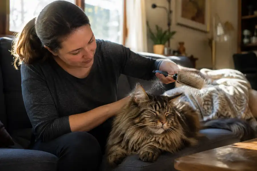 Owner brushing a Maine Coon cat's long fur with a slicker brush at home