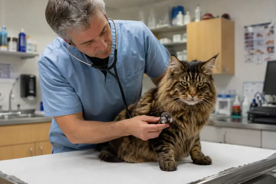 Veterinarian listening to a Maine Coon cat's heart with a stethoscope during a checkup