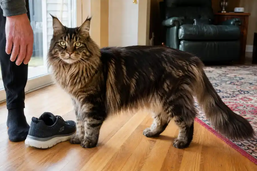Maine Coon cat size comparison showing its long body next to a household object