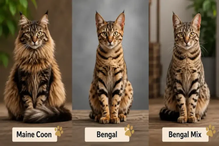 Bengal Maine Coon Mix: Size, Cost, Health & Legal Facts 5 Comparison of a Maine Coon, Bengal, and Bengal Mix cat sitting side by side.