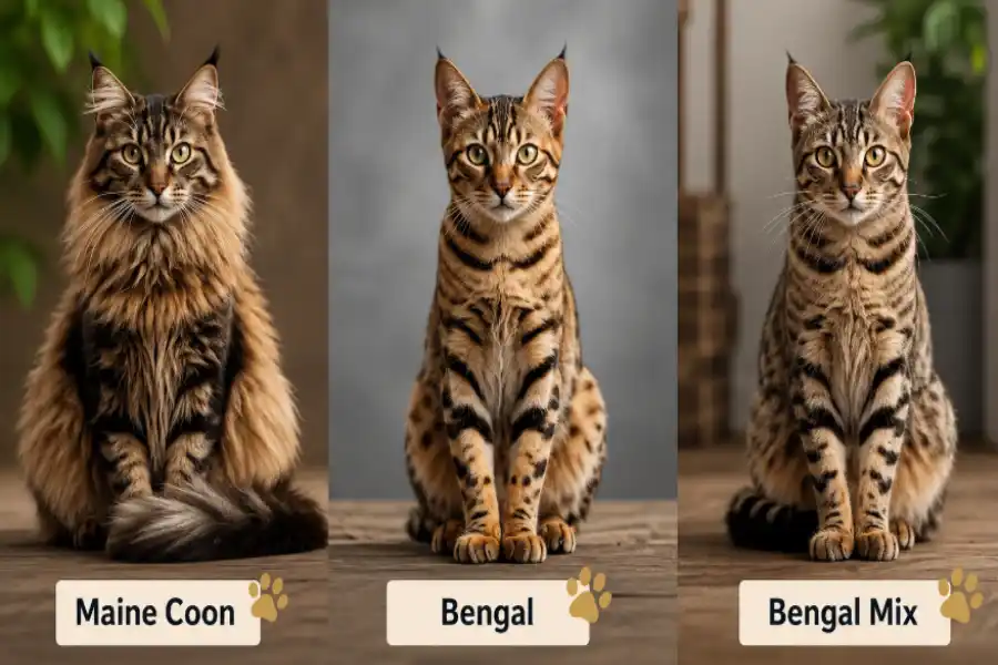 Bengal Maine Coon Mix: Size, Cost, Health & Legal Facts 5 Comparison of a Maine Coon, Bengal, and Bengal Mix cat sitting side by side.