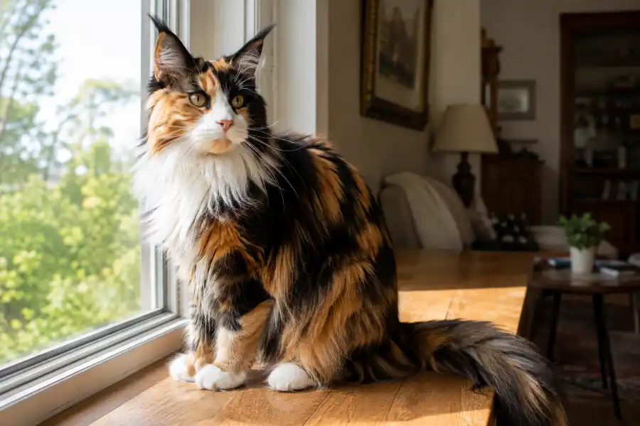 Calico Maine Coon: Rarity, Price, and Personality Explained 7 Fluffy calico Maine Coon cat with black, orange, and white fur sitting indoors