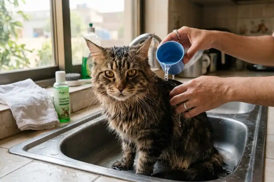 Coon Bathing Routine: How Often to Bathe Your Cat and Keep 8 Maine Coon cat calmly sitting in a sink during its bathing routine