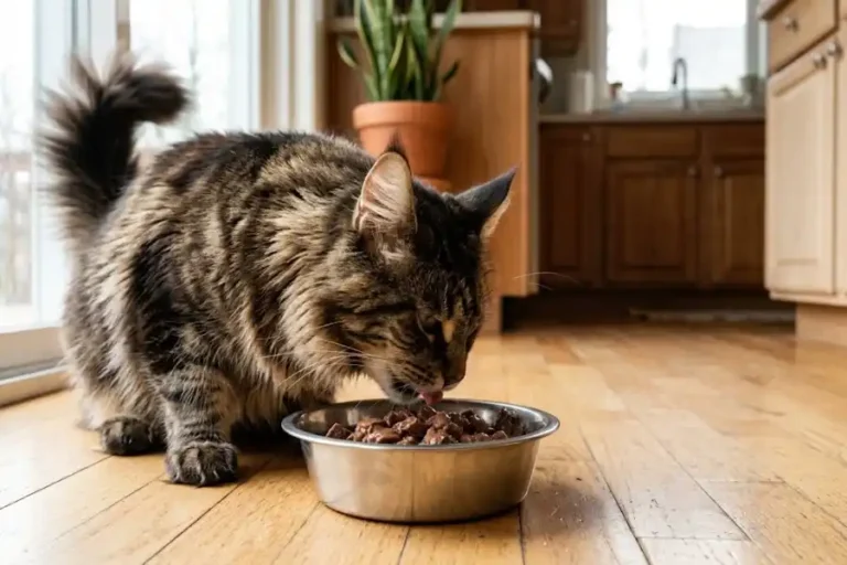 High Protein Cat Food for Maine Coon Cats: What These Big Cats Really Need 1 A muscular Maine Coon cat eating high protein food from a bowl in a sunny kitchen