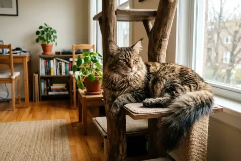 Maine Coon Apartment Living: Setup Tips That Work 4 Maine Coon apartment living: large fluffy cat relaxing on a tall cat tree near a sunlit window in a small living room