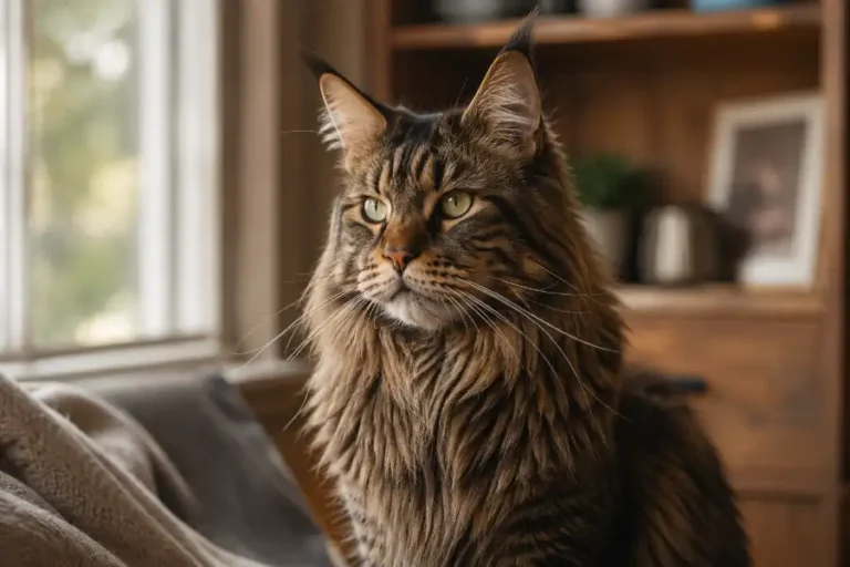 Close-up portrait of an adult Maine Coon cat showing its thick coat and tufted ears