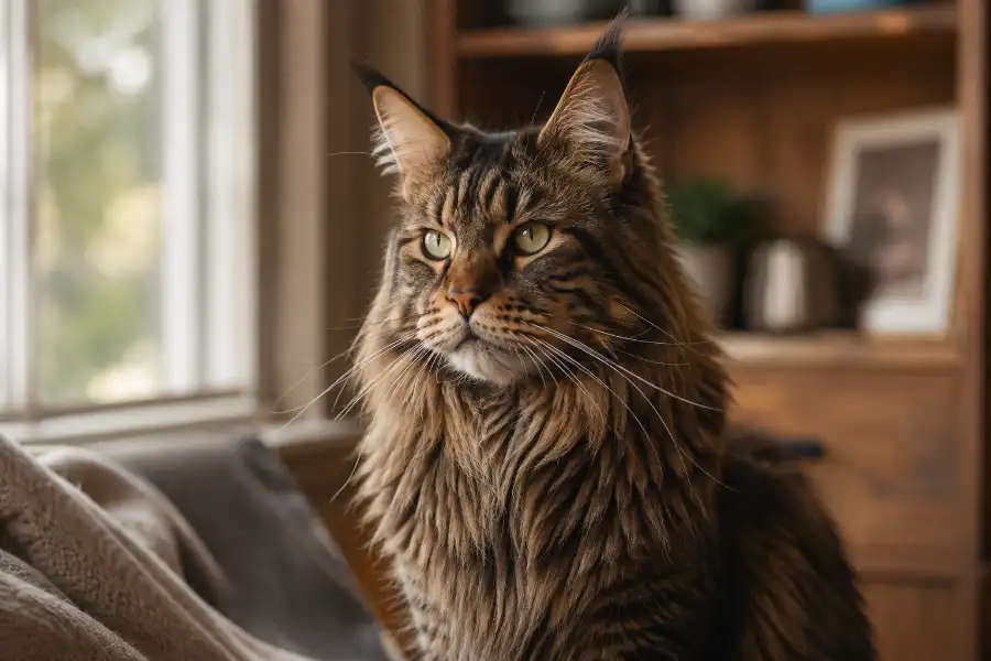 Close-up portrait of an adult Maine Coon cat showing its thick coat and tufted ears