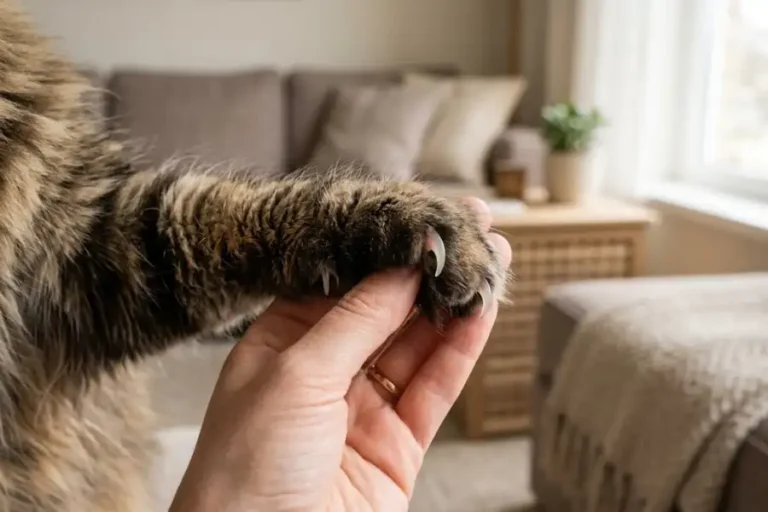Maine Coon Claws and Nails: How to Care for Big Paws Safely 3 Close-up of a Maine Coon cat's large paw showing extended claws during a nail trim