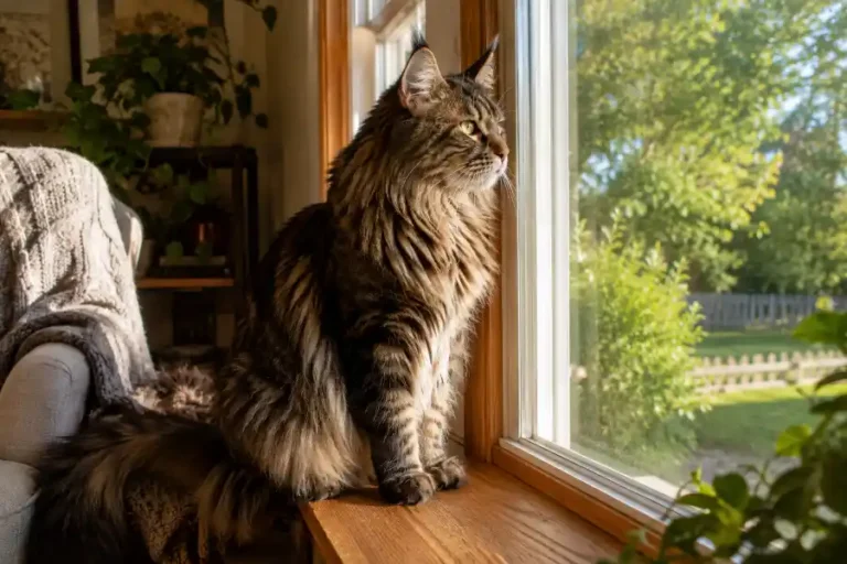 Maine Coon Indoor or Outdoor? What Every Owner Should Know 2 Maine Coon cat sitting by a sunny window, showing the indoor or outdoor decision owners face