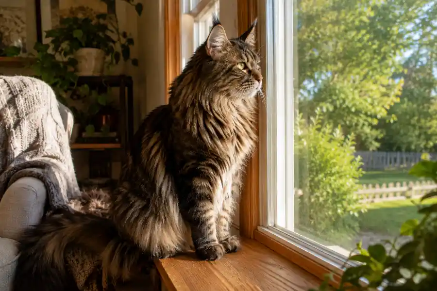 Maine Coon Indoor or Outdoor? What Every Owner Should Know 5 Maine Coon cat sitting by a sunny window, showing the indoor or outdoor decision owners face