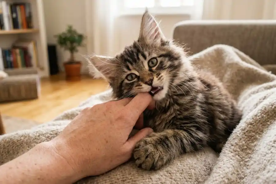 Maine Coon Kitten Biting: Why It Happens and How to Stop It 11 Fluffy Maine Coon kitten playfully biting owner's fingers during playtime