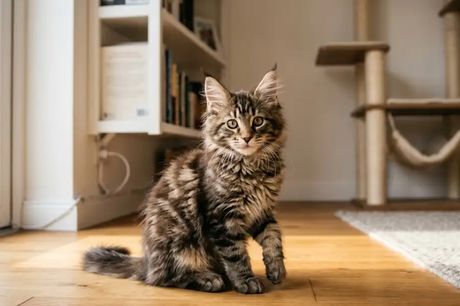 Maine Coon Kitten Proofing: What Most Owners Miss 12 Fluffy Maine Coon kitten sitting safely in a kitten-proofed living room with secured cords and covered outlets