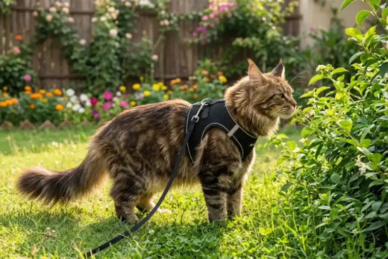 Maine Coon Leash Training: How to Walk Your Cat Outside Safely and Happily 4 Maine Coon cat wearing a walking harness and leash outdoors in a garden