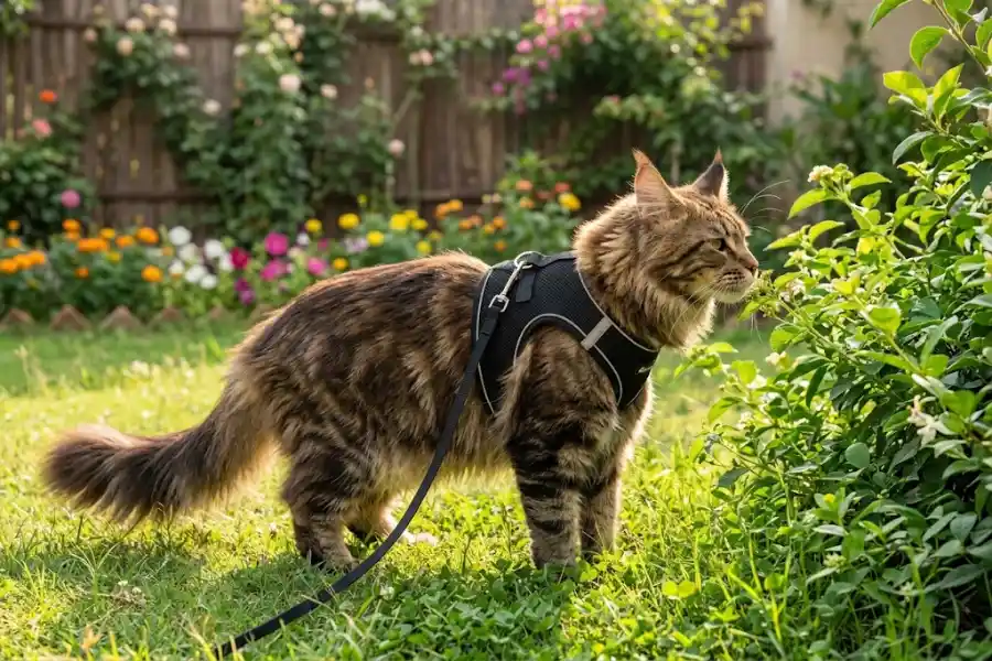 Maine Coon Leash Training: How to Walk Your Cat Outside Safely and Happily 10 Maine Coon cat wearing a walking harness and leash outdoors in a garden