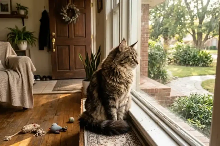 Maine Coon Leaving Home Alone: How Long Is Safe and What to Do 5 Maine Coon cat sitting alone by a window at home