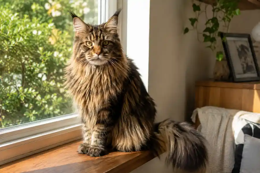 Maine Coon Lifespan: How Long They Live (Plus 7 Tips) 8 Healthy adult Maine Coon cat sitting by a sunny window, showing a long and happy Maine Coon lifespan