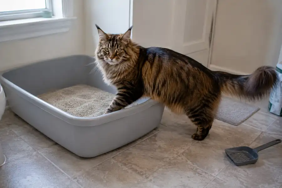 Maine Coon Litter Box Size: The Exact Measurements You Need 13 Large Maine Coon cat standing beside an extra-large litter box showing the right litter box size for the breed