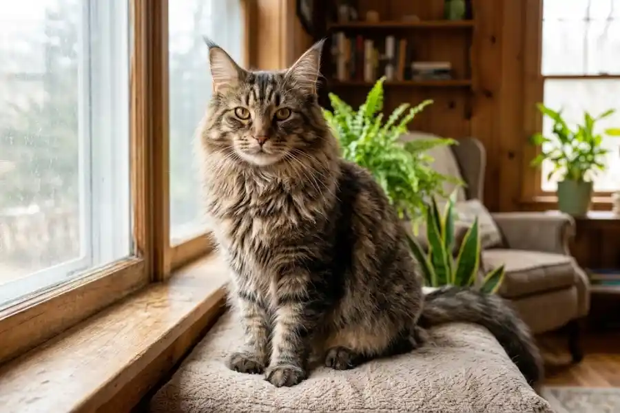 Maine Coon Norwegian Forest Cat Mix: What New Owners Should Know 14 Maine Coon Norwegian Forest Cat mix sitting by a window showing its thick coat and tufted ears