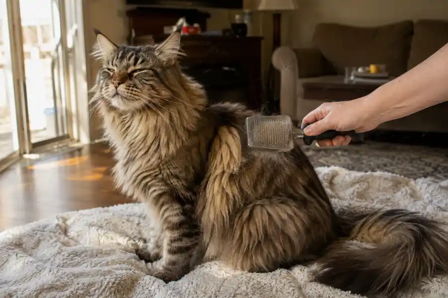 Maine Coon Shedding: Why It Happens and How to Control It 11 Owner brushing a fluffy Maine Coon cat to remove loose shedding fur