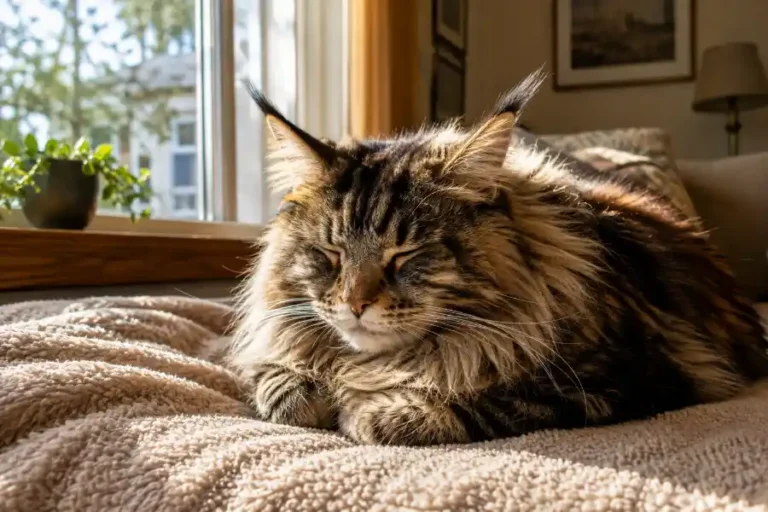 Maine Coon Sleep Habits Explained: Hours, Poses & Vet Signs 4 Maine Coon cat sleeping in loaf position on a sunny windowsill.