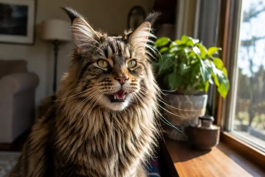 Maine Coon Vocalizations: What Every Chirp and Trill Means 10 Maine Coon cat chirping near a window, showing typical Maine Coon vocalizations behavior