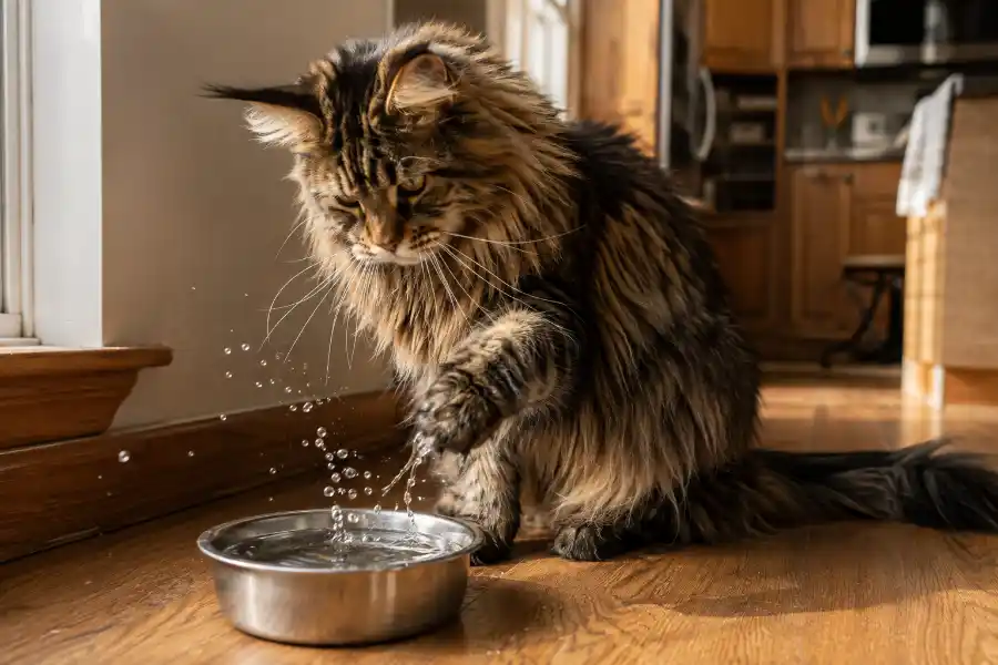 Maine Coon Water Habit: Why It Happens and When to Worry 9 Maine Coon cat playing and splashing with water in a bowl at home