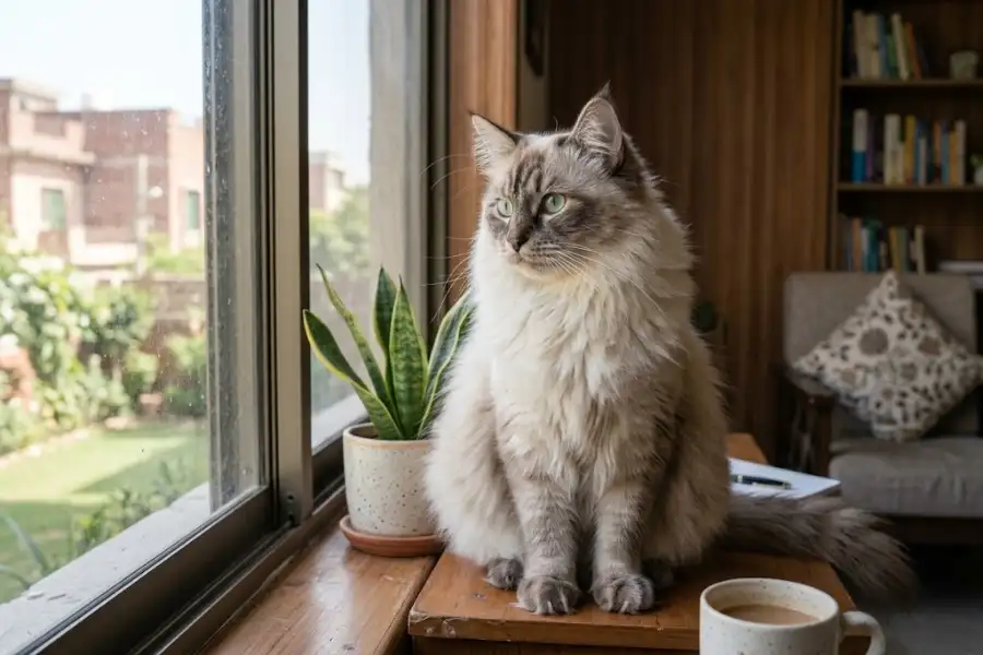 Maine Coon and Siamese Mix Cats: Size, Personality, Price and Care 12 Large fluffy Maine Coon and Siamese mix cat sitting on a sunlit wooden windowsill