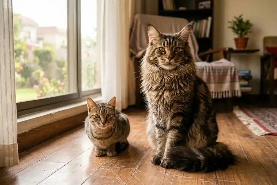 Maine Coon vs Normal Cat: Real Differences in Size, Cost & Care 15 Fluffy Maine Coon cat sitting beside a smaller domestic house cat showing their size difference