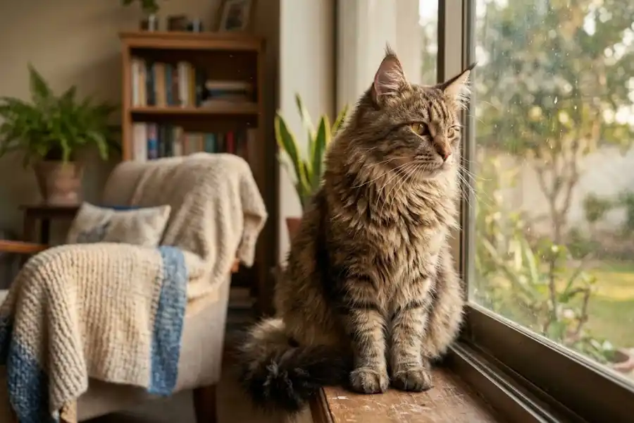 Mixed Breed Maine Coon Cats: Traits, Health, and Cost 6 Fluffy mixed breed Maine Coon cat sitting indoors showing large size and tufted ears