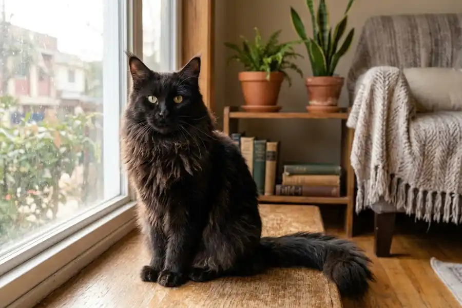 Black Maine Coon Cat: Size, Price, and Rarity Explained 4 Large black Maine Coon cat sitting indoors showing its thick ruff, tufted ears, and long bushy tail