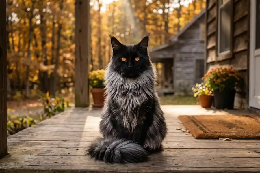 Black Smoke Maine Coon Cats: Why Their Coat Glows Silver 3 Full-grown black smoke Maine Coon cat with a shimmering silver undercoat sitting outdoors