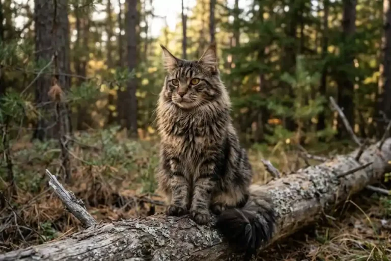 Bobcat Maine Coon Mix: Is This Cat Really Possible? 1 Maine Coon cat with tufted ears and thick fur sitting outdoors, showing traits people mistake for a bobcat Maine Coon mix