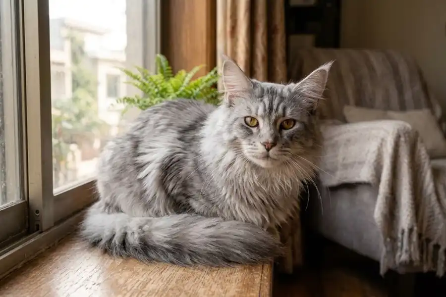 Grey Maine Coon Cat: Colors, Care, and Personality Explained 3 Grey Maine Coon cat with a silvery-blue tabby coat sitting on a windowsill in natural light
