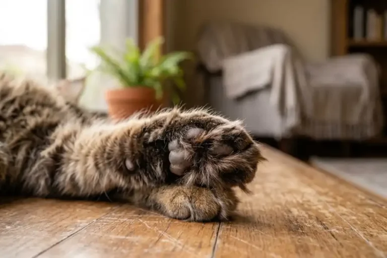 Maine Coon Cat Paws: Why They're So Big and How to Care for Them 1 Close-up of a Maine Coon cat's large tufted paw resting on a wooden floor