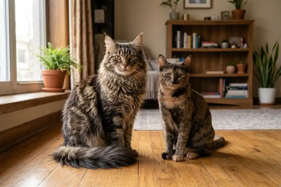 Maine Coon Cat Size Comparison: How Big Do They Really Get? 2 Maine Coon cat size comparison next to an average house cat