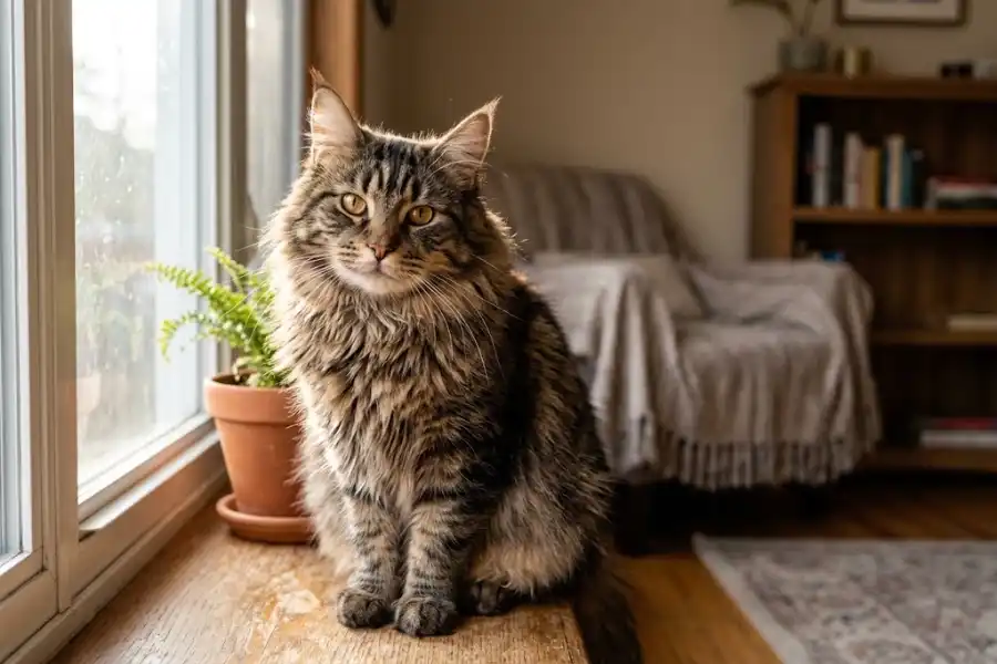 Maine Coon Persian Mix: What This Fluffy Cat Is Really Like to Own 10 Fluffy Maine Coon Persian mix cat with a round face sitting by a window