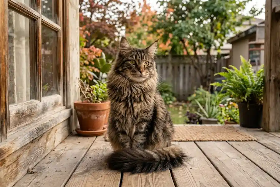 Maine Coon vs Lynx: The Real Differences Between These Two Big Cats 9 A large fluffy Maine Coon cat with tufted ears and a bushy tail sitting on a wooden porch in soft natural light