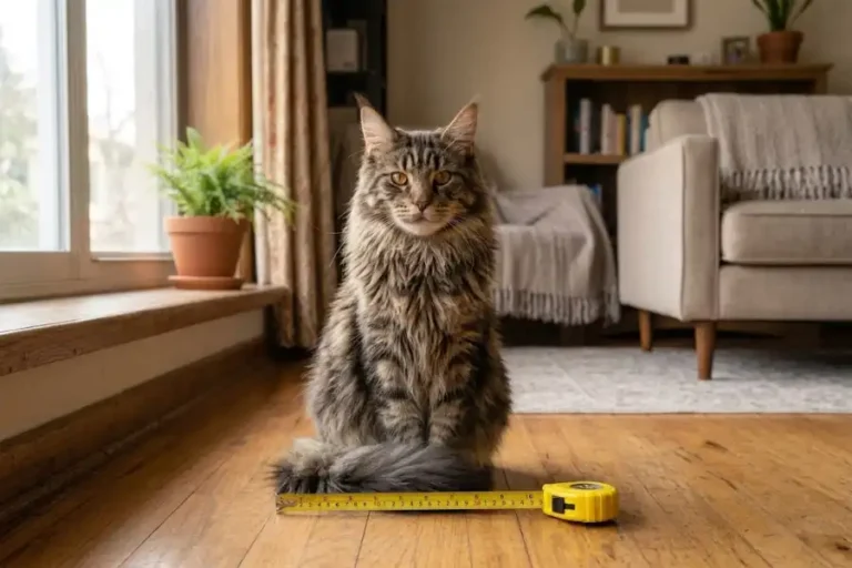 Mini Maine Coon: What It Really Means, Size, Price, and Health 5 Small brown tabby mini Maine Coon sitting on a wooden floor next to a tape measure