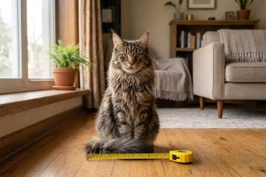 Mini Maine Coon: What It Really Means, Size, Price, and Health 15 Small brown tabby mini Maine Coon sitting on a wooden floor next to a tape measure