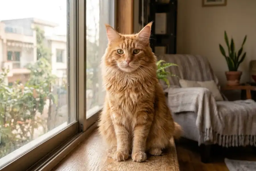 Orange Maine Coon Cats: Why This Color Turns Heads 1 Orange Maine Coon cat with tufted ears sitting by a sunlit window