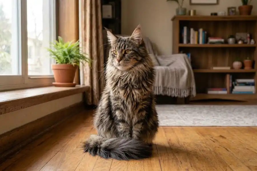 Purebred Maine Coon: How to Spot the Real Thing (Not a Mix) 16 Purebred Maine Coon cat with tufted ears and a bushy tail sitting indoors