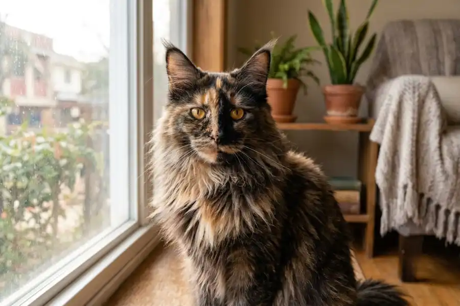Tortie Maine Coon Cat: Colors, Personality, and Cost Explained 2 Tortie Maine Coon cat with black, red, and cream coat sitting by a window