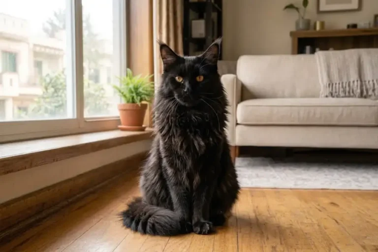 All Black Maine Coon: Looks, Personality, Care and Price 2 All black Maine Coon cat with gold eyes and a glossy solid black coat sitting by a sunny window