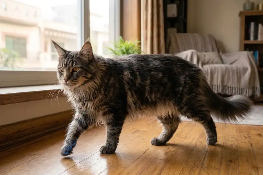 Blue Smoke Maine Coon: Coat Color, Price and Health Tests 14 Blue smoke Maine Coon with a dark blue-gray coat and silver-white undercoat showing as it walks across a sunlit floor