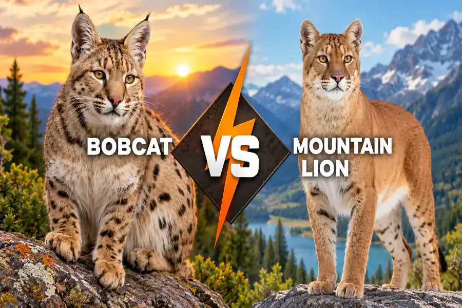 Bobcat vs. mountain lion comparison showing both wild cats in a mountainous landscape