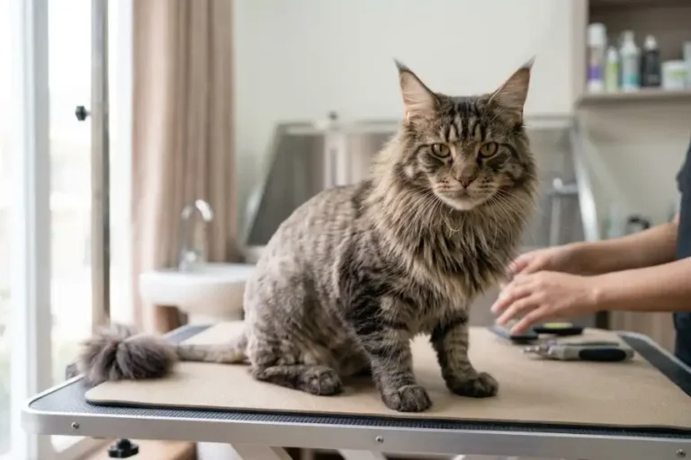 Lion Cut for Maine Coon Cats: When It Helps and When to Skip It 4 Maine Coon cat with a lion cut sitting calmly on a grooming table