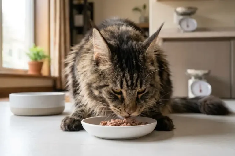 Maine Coon Cat Diet: What to Feed and How Much by Age 1 Maine Coon eating wet food from a ceramic bowl as part of a healthy Maine Coon cat diet