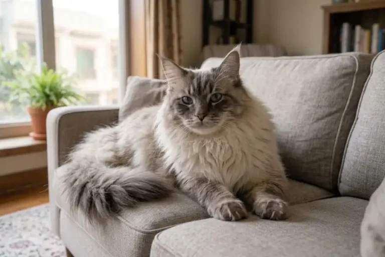 Maine Coon Ragdoll Mix: Size, Personality, Health Risks, and Cost 3 Large fluffy maine coon ragdoll mix cat resting on a gray sofa in a sunny living room