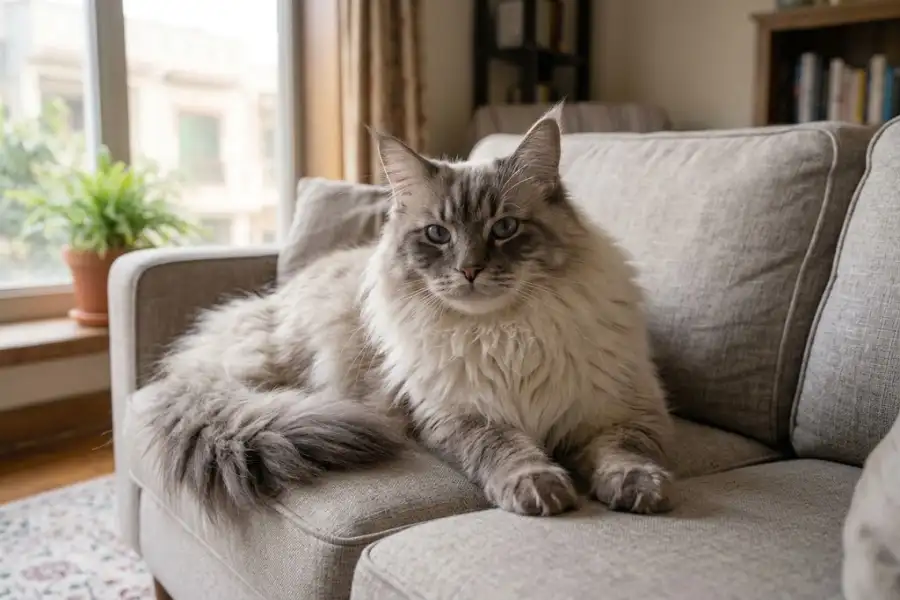 Maine Coon Ragdoll Mix: Size, Personality, Health Risks, and Cost 2 Large fluffy maine coon ragdoll mix cat resting on a gray sofa in a sunny living room