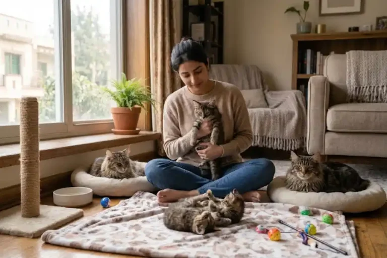 Reputable Maine Coon Breeders: 9 Signs and 7 Red Flags 4 Reputable Maine Coon breeder sitting with a healthy Maine Coon mother cat and kittens at home